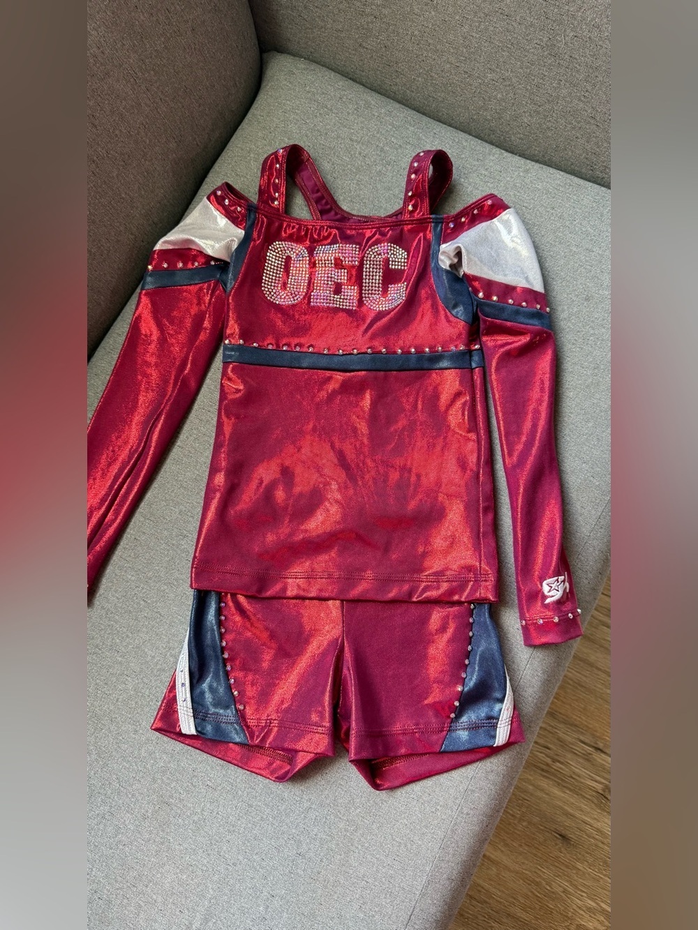 GK Elite OEC Cheerleading Uniform Set Child Large Red Metallic Rhinestone Cheer